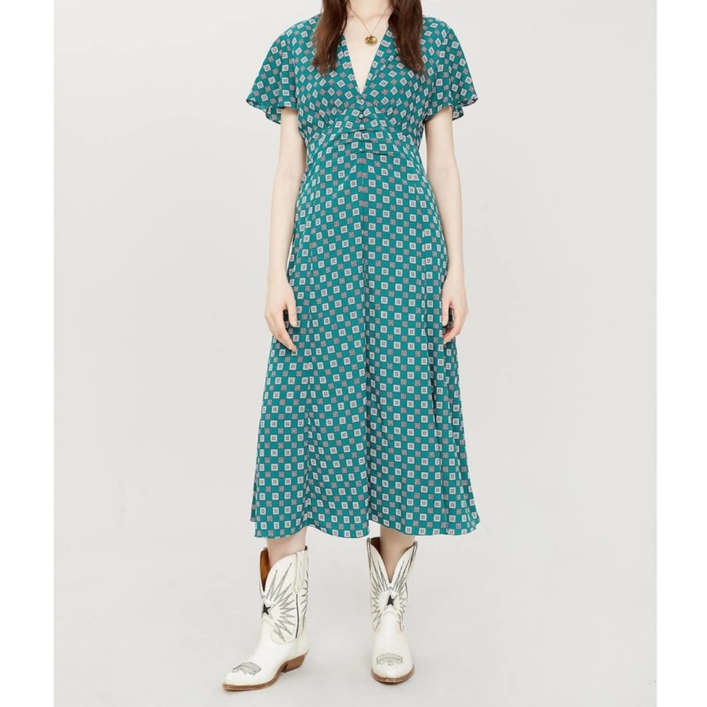 Sandro Paris Adano Square Print Crepe Midi Dress Size 2 - Picture 2 of 15